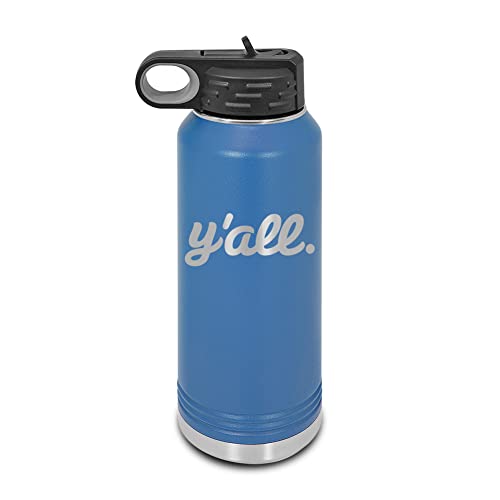 Y'all Laser Engraved Water Bottle Customizable Polar Camel Stainless Steel with Straw - southern script you all you’ll Blue 32 oz - color: Blue