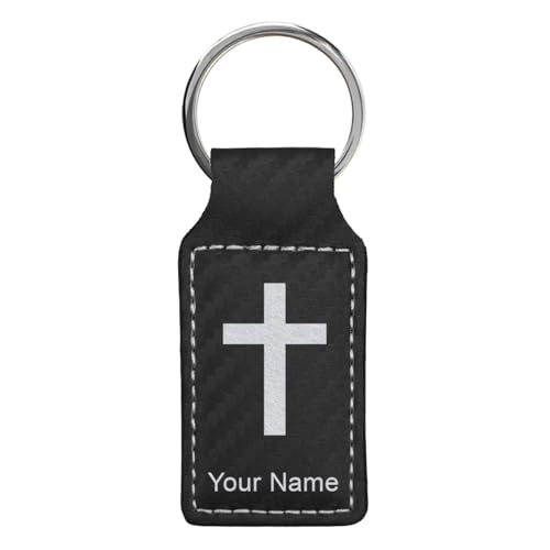 LaserGram Rectangle Keychain, Christian Cross, Personalized Engraving Included - color: Carbon Fiber Black With Silver