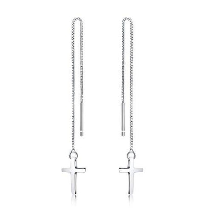 Minimalist Cross Threader Tassel Dangle Earrings S925 Sterling Silver Charm Long Dangling Drop Earring Fashion Jewelry Gift for Women Sensitive Ears Valentines Day Presents