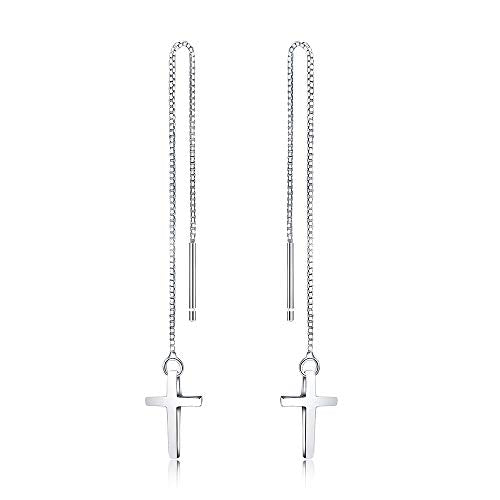 Minimalist Cross Threader Tassel Dangle Earrings S925 Sterling Silver Charm Long Dangling Drop Earring Fashion Jewelry Gift for Women Sensitive Ears Valentines Day Presents