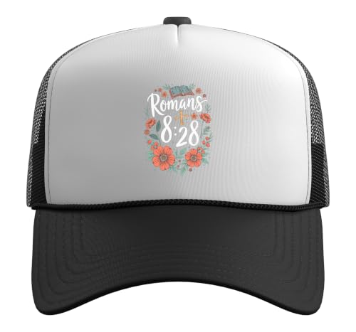 Romans 8:28 Bible Verse Flowers Cross Christian Women Trucker Hat with Adjustable Mesh Back - color: Black/White