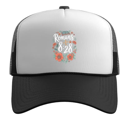 Romans 8:28 Bible Verse Flowers Cross Christian Women Trucker Hat with Adjustable Mesh Back - color: Black/White