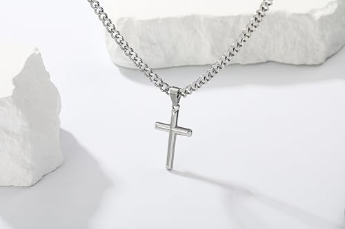 Avotto 316L Stainless Steel Cross Necklace Jewelry Gifts for Men Boys, Silver Gold Black Necklaces 5mm Non-Fading Sturdy Cuban Chain with Cross Pendant 14/16/18/20/22/24Inch - color: Silver, size: 24 inch(60cm)-Extra Long Fit
