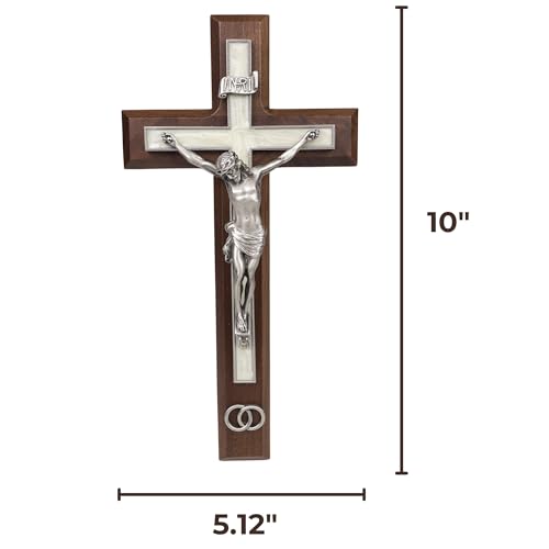 Needzo Walnut Wood Crucifix with Pewter Corpus and Wedding Rings, Marriage Gifts for Couples, Religious Ceremony, 10 Inches