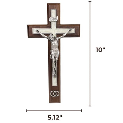 Needzo Walnut Wood Crucifix with Pewter Corpus and Wedding Rings, Marriage Gifts for Couples, Religious Ceremony, 10 Inches