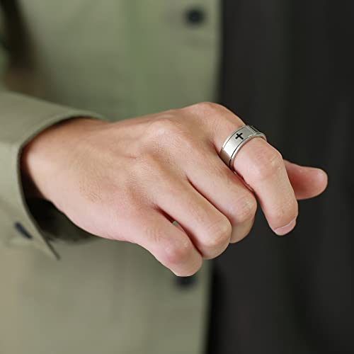 6mm/8mm Titanium Steel Black/Silver/Gold Fidget Ring Engraved Small Cross Stainless Steel Spinner Rings Stress Relieving Anxiety Ring Engagement Wedding Promise Band for Women Men Size 5-15 - color: 8mm Silver