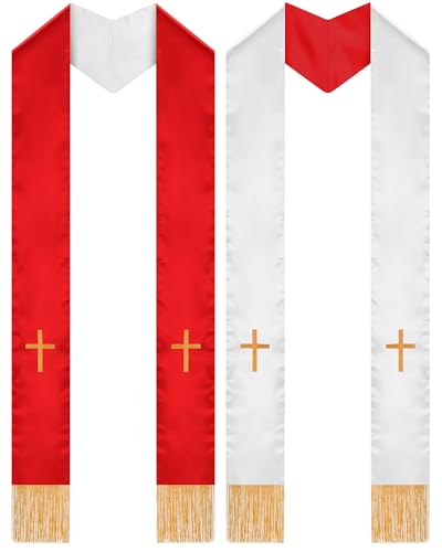 Eurzom 2 Pcs Reversible Clergy Stole with Cross Tassels - color: White,red