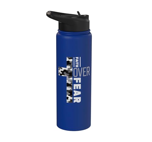 Faith Over Fear Christian Camo Cross Religious Bible Verse Stainless Steel Insulated Water Bottle - color: Royal Blue
