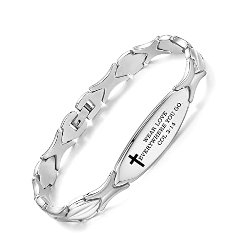 LinnaLove Bible Verse Bracelet - 316L Stainless Steel Silver Religious Gift for Her - style: Wear Love - Col 3:14
