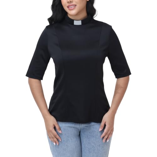 Women's Short Sleeve Clergy T-Shirt - Tab Collar with Back Zipper & Adjustable Collar, Removable White Tabs Minister Top - size: 3X-Large