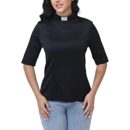 Women's Short Sleeve Clergy T-Shirt - Tab Collar with Back Zipper & Adjustable Collar, Removable White Tabs Minister Top - size: 3X-Large