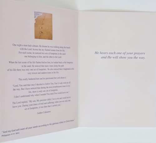 Greeting Card He Is Always There - He Hears Each One of Your Prayers and He Will Show You The Way - Christian Encouragement Difficult Time with Jesus Footprints in The Sand God is Always With You