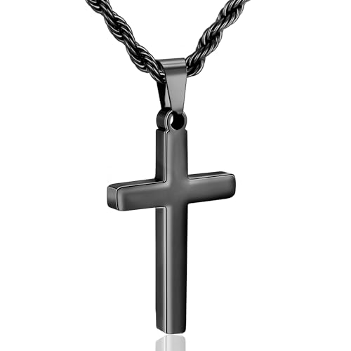 Cross Necklace for Boys Mens Stainless Steel Twisted Rope Chain Cross Pendant Rustproof Necklace for Teen Boy Mens Christian First Communion Confirmation Gifts for Boys - color: Black