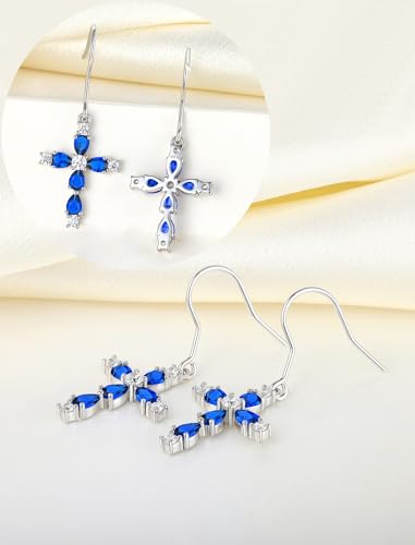 YL 925 Sterling Silver Cross Dangle Earrings Halo Birthstone Hook Earrings Religious Jewelry for Women - color: 9-sapphire-Sept