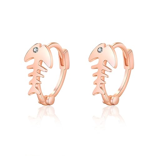 Fishbone Hoop Earrings for Women Gold Silver Plated Fish Skeleton Chic Cubic Zirconia Small Huggie Hoop Earrings for Ocean Sea Nautical Vacation Jewelry Accessories - color: Rose gold