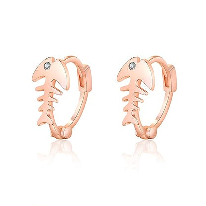Fishbone Hoop Earrings for Women Gold Silver Plated Fish Skeleton Chic Cubic Zirconia Small Huggie Hoop Earrings for Ocean Sea Nautical Vacation Jewelry Accessories - color: Rose gold