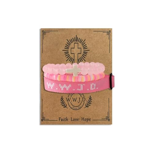 WWJD Bracelets Set WWJD Wristbands Christian Cross Bracelet Stackable Clay Bead Bracelets Stretch Glass Beaded Inspirational Christian Jewelry Gift for Couples Women Men - color: 3PCS Pink