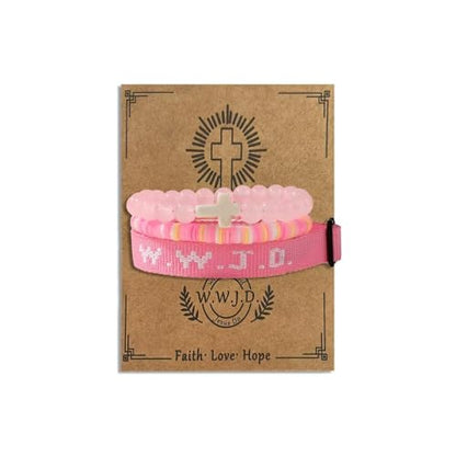 WWJD Bracelets Set WWJD Wristbands Christian Cross Bracelet Stackable Clay Bead Bracelets Stretch Glass Beaded Inspirational Christian Jewelry Gift for Couples Women Men - color: 3PCS Pink