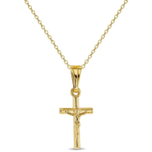 In Season Jewelry Jesus Crucifix Gold Necklace - Small Catholic Kids Cross Necklace for Girls & Boys - 16 Inch Chain Child-Sized Faith Gold Jewelry - Christian Gifts for Girls, Boys, & Teens