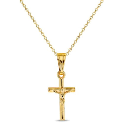 In Season Jewelry Jesus Crucifix Gold Necklace - Small Catholic Kids Cross Necklace for Girls & Boys - 16 Inch Chain Child-Sized Faith Gold Jewelry - Christian Gifts for Girls, Boys, & Teens