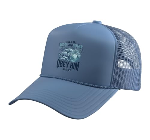 Christian Faith Bible Verse Jesus Wind and Waves Religious Trucker Hat with Adjustable Mesh Back - color: Light Blue