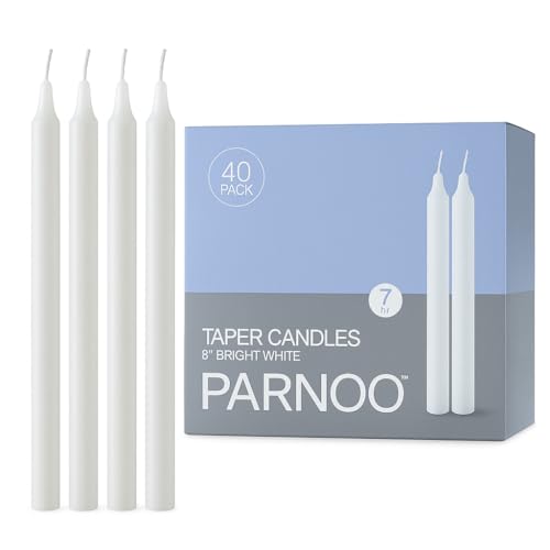 PARNOO 8" White Unscented Tapered Candles, 40 Pcs 7-Hour Long Burn Time, Dripless & No Soot - Hand-Dipped Tall Candles for Weddings, Dinners, Parties, & Special Occasions - size: 7 Hours Pack of 40