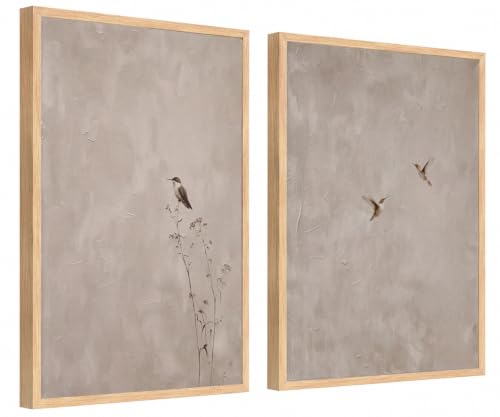 Minimalist Bird Wall Art Set of 2 Framed Canvas Prints Neutral Beige Nature Artwork Modern Scandinavian Botanical Wall Decor for Living Room Bedroom Bathroom 12x16 Inch - color: Beige little bird, size: 12x16 Inches