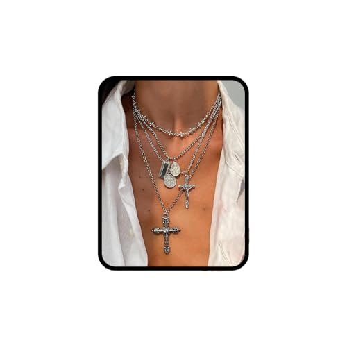 Layered Cross Necklace Set for Women Men – Multi Chain Gold Silver Cross Pendant Jewelry with Rhinestone Accents, Vintage Punk Gothic Style Jewelry Gifts - color: B: Antique Silver