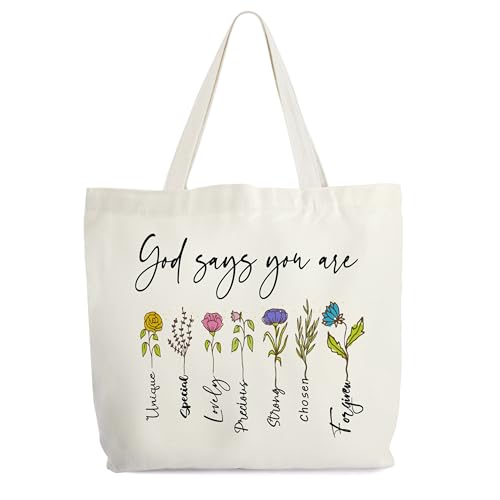 Inspirational Christian Canvas Tote Bag for Women, God Says You Are Unique Bible Tote, Bible Verse Religious Gift Bag, Floral Library Book Bag, Shoulder Bag Gifts for Women Friends Colleagues -26