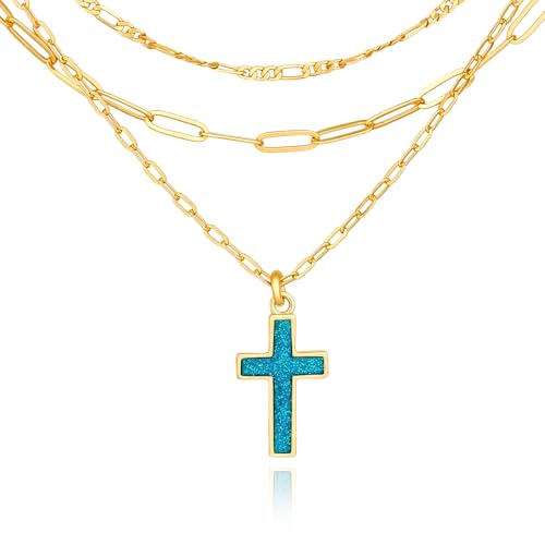 Cicy Bell Cross Pendant Necklace 18k Gold Plated Layered Necklaces - color: Style D-Blue