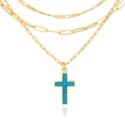 Cicy Bell Cross Pendant Necklace 18k Gold Plated Layered Necklaces - color: Style D-Blue