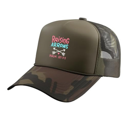 Raising Arrows - Christ Christian Psalm Bible Verses Trucker Hat with Adjustable Mesh Back - color: Camo Green