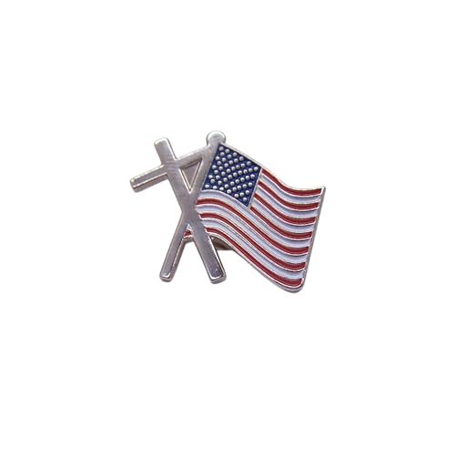 American Flag and Cross Lapel Pin, Silver Plated Enamel, Butterfly Clutch Back, 0.5 Inches