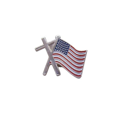 American Flag and Cross Lapel Pin, Silver Plated Enamel, Butterfly Clutch Back, 0.5 Inches