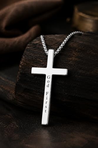 Engraved Cross Necklace for Men, Women & Boys & Girls Cross Necklace, Stainless Steel Cross Pendant Necklace, Faith & Inspiration Christian Jewelry Gift - color: God First