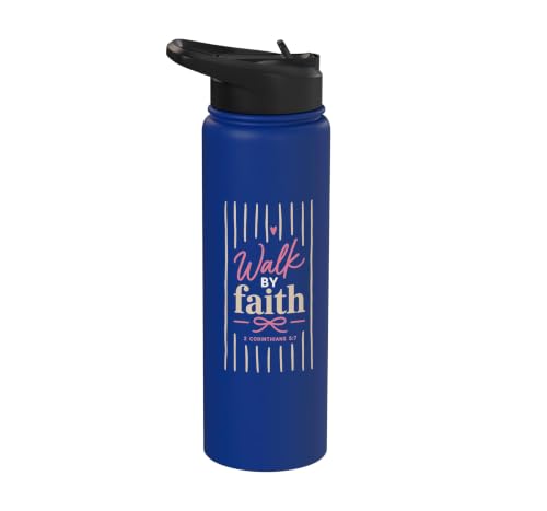 Christian Faith Scripture Verse Walk by Faith Pink Bow Stainless Steel Insulated Water Bottle - color: Royal Blue