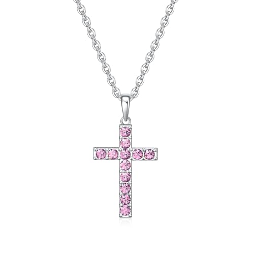Birthstone Cross Necklace for Women,First Communion Gifts Easter Baptism Cross Jewelry Pendant Gift - color: 02February-Purple-Amethyst