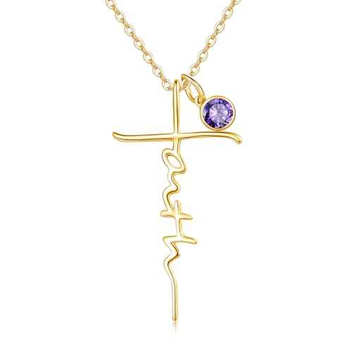PRAYMOS Faith Cross Necklace for Women 925 Sterling Silver Pendant Necklace With Birthstone Initial Christian Religious Confirmation Baptism Mothers Day Gifts - color: 3-18K Gold Plated February(Amethyst)