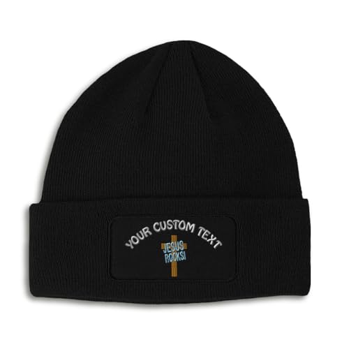 Custom Patch Beanie Jesus Rocks Brown Cross Christ Christian Skull Cap Hats for Men & Women One Size - color: Black Personalized Text Here
