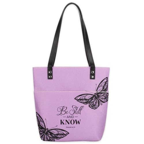 Christian Art Gifts Felt and Faux Leather Fashion Butterfly Cover Tote Bag for Women: Be Still and Know - Psalm 46:10 Inspirational Bible Verse, Purple & Black Durable Tote Bag for Books and Supplies - color: Butterfly Purple/Be Still