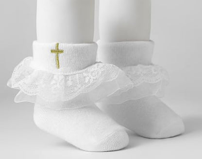 Baptism Socks for Baby Girls - White Newborn Christening Socks With Cross & Eyelet Frilly Lace - color: B-white