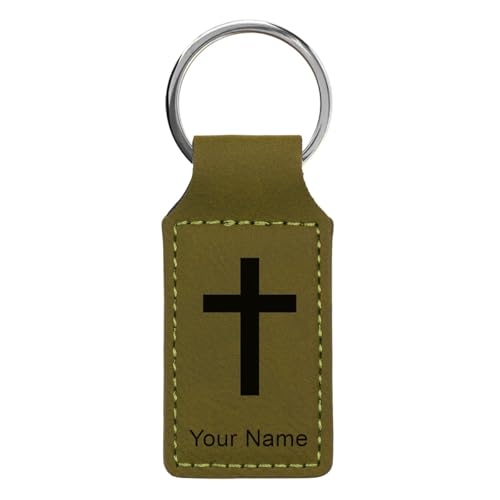 LaserGram Rectangle Keychain, Christian Cross, Personalized Engraving Included - color: Camo Green