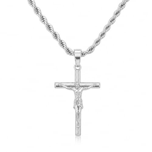 Mens Cross Necklace, 18K Gold Plated Crucifix Pendant - color: Silver