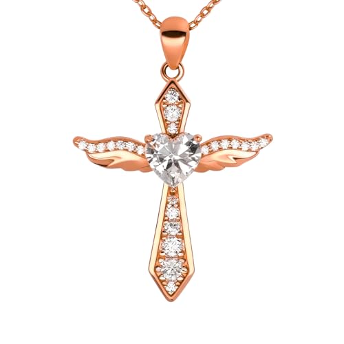 Lovans Cross Necklace for Women 925 Sterling Silver Angel Wings Pendant - color: Rose Gold+White CZ, size: 18"+2"