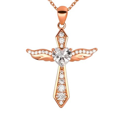 Lovans Cross Necklace for Women 925 Sterling Silver Angel Wings Pendant - color: Rose Gold+White CZ, size: 18"+2"