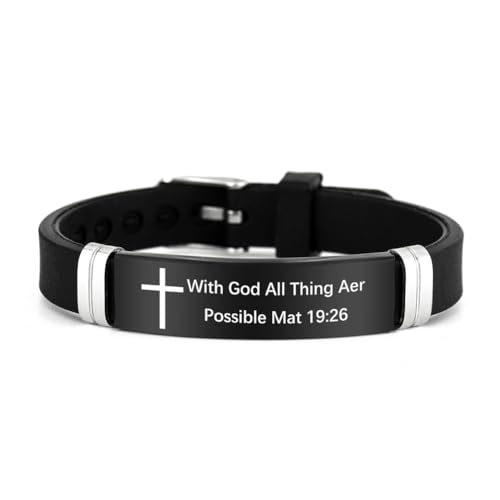 2Pcs Cross Bracelet with Bible Verse,Inspirational Quote Wristband Adjust Silicone Band Scripture Bracelets Faith Inspirational Baptism Gift Daily Reminder Jewelry for Men Women Couples - style: Mat 19 26