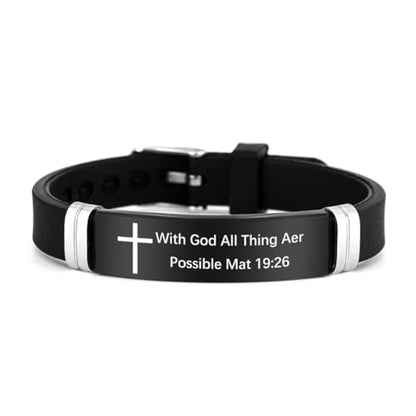 2Pcs Cross Bracelet with Bible Verse,Inspirational Quote Wristband Adjust Silicone Band Scripture Bracelets Faith Inspirational Baptism Gift Daily Reminder Jewelry for Men Women Couples - style: Mat 19 26
