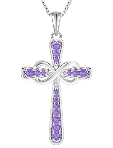 YL 925 Sterling Silver Cross Necklace for Women Halo Infinity Pendant Cubic Zirconia Jewelry for Mom - color: 02-amethyst-Feb