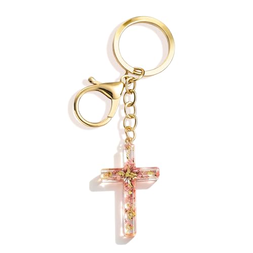 Angyape Cute Christian Cross Keychain for Women Purse Bag Charms Car Key Rings Accessories Flower Design Jesus Faith Gifts - color: A: Pink Keychain