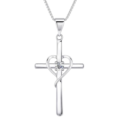 Cross Heart Necklace, 18K Gold Plated Crystal Pendant for Women - color: White